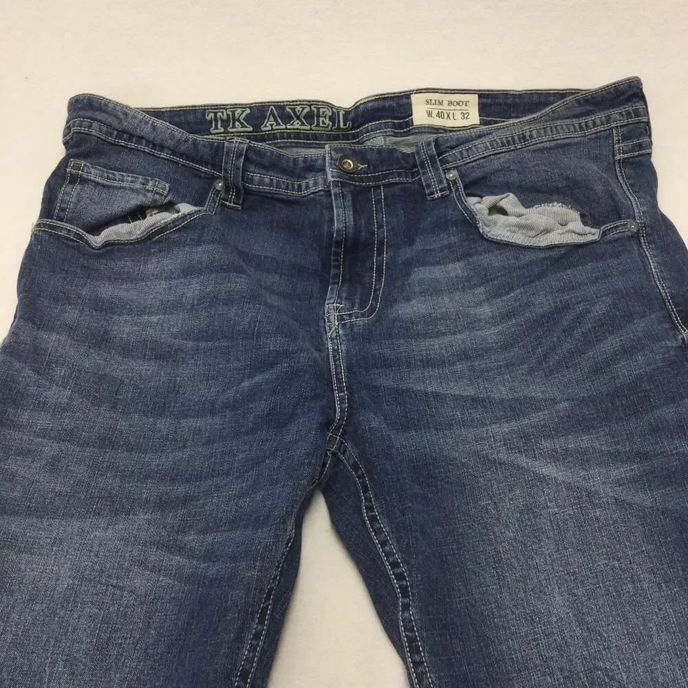 TK Axel Slim Boot Jeans Mens 40x32 Blue Wash Bootcut Denim Stretch Zip Fly